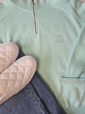 Vintage Reebok Quarter Zip Sweatshirt Mint Green Pink Trim Crest Logo Size M